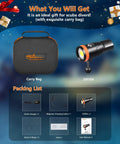 Super Bright Underwater Video Light For Scuba 5000 Lumens 120 Degree Wide Beam 150 Meter Depth Rating Titanium Alloy Switch High CRI For Clear Underwater Photography with carry bag and accessories