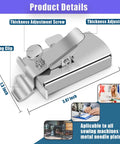 Magnetic Seam Guide For Sewing Machine With Adjustable Presser Foot Clip showing thickness adjustment and dimensions