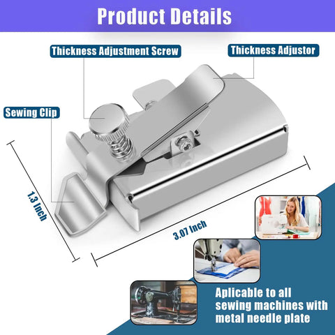 Magnetic Seam Guide For Sewing Machine With Adjustable Presser Foot Clip showing thickness adjustment and dimensions