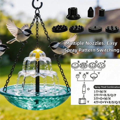 Solar Powered Hanging Bird Bath Fountain For Outdoor Garden And Patio, Cascading Water Feature shown with multiple nozzles.