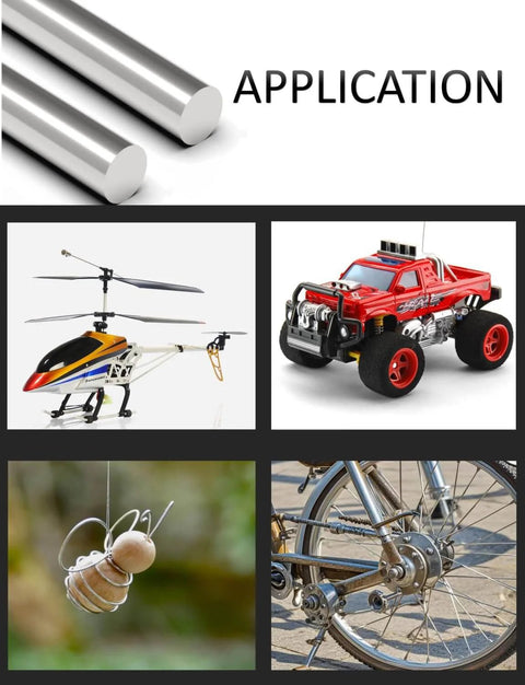 12 Pieces 3mm By 300mm 304 Stainless Steel Round Rods For Metalworking Hobby And Diy Projects Smooth Shafts Ideal For Industry Crafting And Toolmaking shown with applications in model making, crafting, and bicycles.