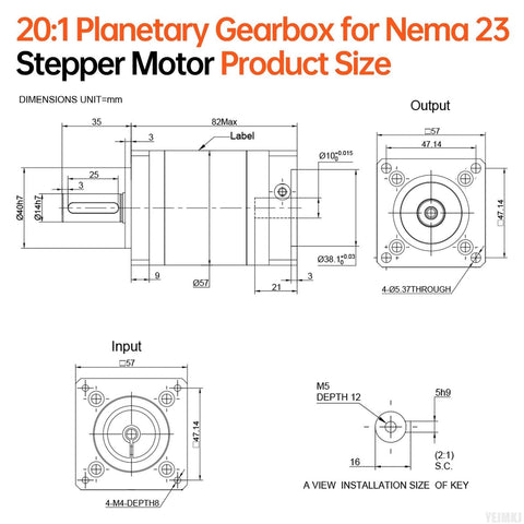 Technical diagram of Beefy 20 To 1 Planetary Gearbox for Nema 23 Stepper Motor with Low Backlash, showing dimensions and design.