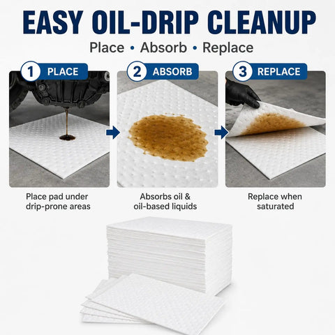 Steps showcasing the use of 150 Pack Oil Absorbent Pads For Oil Spills And Drips, Polypropylene Oil Only Absorbent Sheets