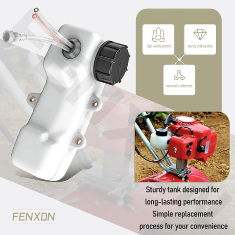 Fuel Tank Kit A350000300 Compatible With Mantis 2 Cycle Engines With Three Hole Grommet And Three Fuel Hoses All In One Replacement Kit Includes Tank Cap Grommet And Hoses shown in a product photo with close-up details and red engine background
