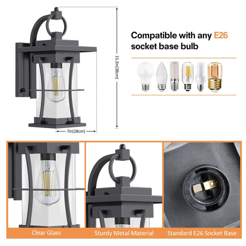 Outdoor Wall Mount Porch Light Sconces IP65 E26 Waterproof Exterior Light Fixture Wall Lantern With Clear Seeded Glass For Porch Patio Garage Black Metal Easy Install