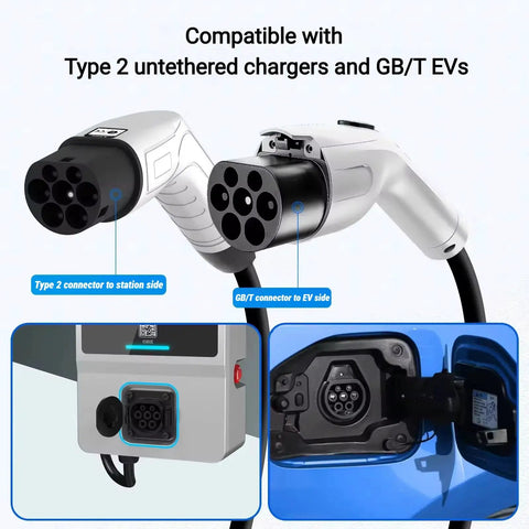 Heavy Duty EV Charging Cable Type 2 Male To GB/T Female Mode 3 connectors showing compatibility with chargers and EVs.