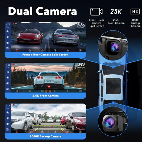 Wireless CarPlay And Android Auto Portable Car Stereo For Your Ride With 2.5K Dash Cam And 1080P Backup Camera showing dual camera view