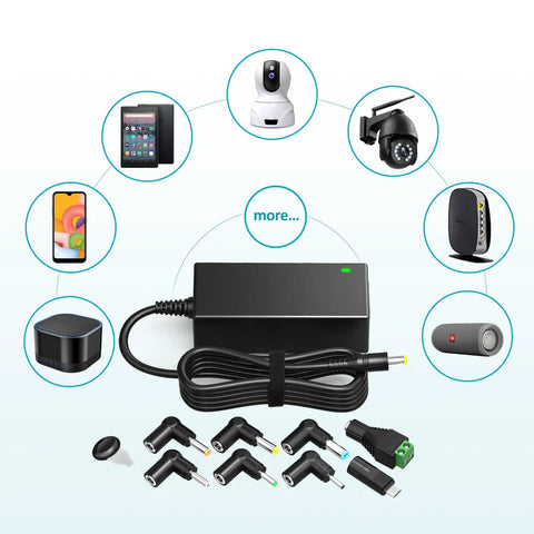 Universal AC Adapter Charger 45W All In One Power Supply With Multiple Voltages 5V 6V 7.5V 9V 12V 13.5V 15V and 1A 2A 3A for Routers CCTV Cameras LED Strips IP Cameras Speakers Echo Devices Fire TV Tablets 5 Foot Cord image showing all components