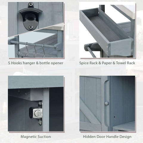 Close-up of features on Outdoor Grill Cart With Storage And Rolling Bar Cart, including spice rack and hidden door handle.