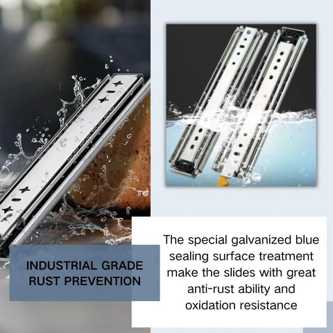 Beefy Heavy Duty Drawer Slides From 10 To 72 Inches With Lock 220kg Load Capacity, showing rust-proof design in water spray.