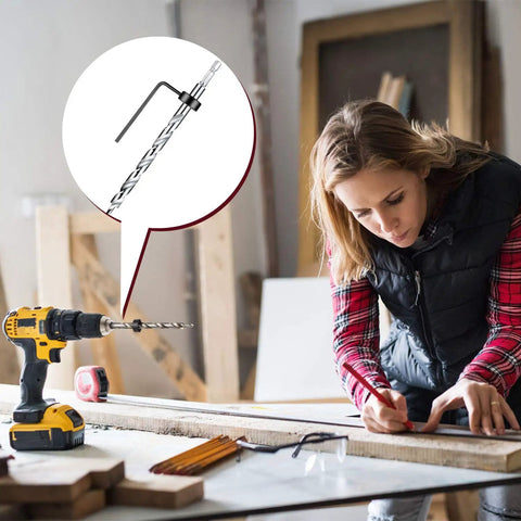 Person using 4 Pack Three Eighths Inch Pocket Hole Drill Bits With Depth Stop Collar One Quarter Hex Shank And Round Shank Replacement Twist Step Drills For Manual Pocket Hole Guide Jig Master System Length Six Point Three Inches in woodworking project, close-up of drill bit highlighted.