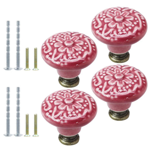 Vintage Rose Red Ceramic Kitchen Cabinet Knobs 16 Piece Set With Solid Zinc Alloy Base close-up of glossy red handles with screws