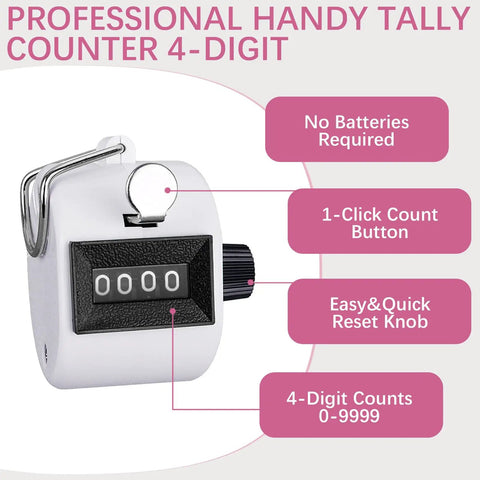 Set Of Two Mechanical Handheld Tally Counters With Lanyard Four Digit Battery Free Clicker For Inventory Tracking No Sweat Easy Grip Lightweight Body showing counter design and features.