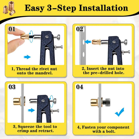 405 Piece Metric Rivet Nut Kit With M3 To M12 UNC Flat Head Nutserts installation steps diagram