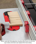 Rugged One Inch Offset Table Saw Fence Stop Featuring Slick Clamp On Design For Rapid Rip Fence Setup on a table saw.