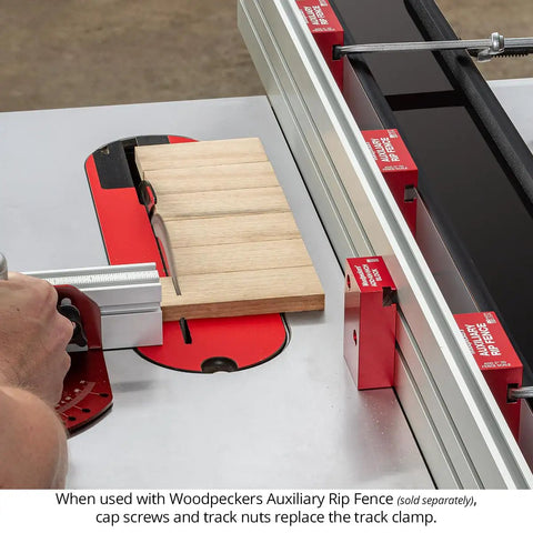 Rugged One Inch Offset Table Saw Fence Stop Featuring Slick Clamp On Design For Rapid Rip Fence Setup on a table saw.