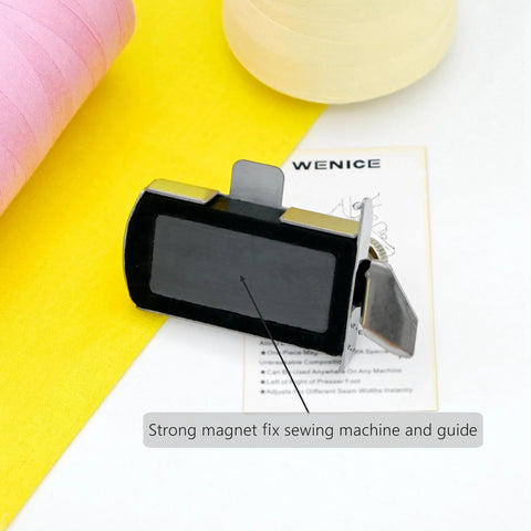 Front view of WENICE magnetic seam guide for sewing machines; black rectangular body with metal clips