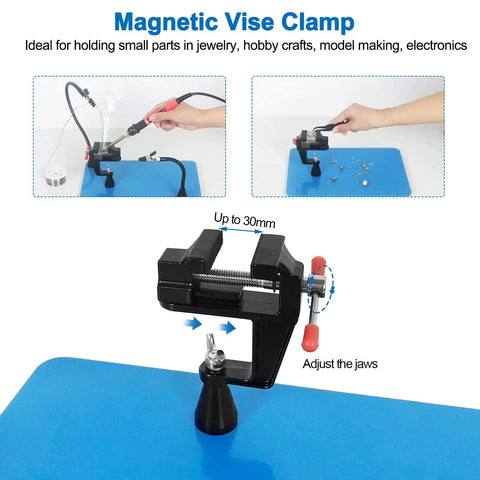 Helping Hands Soldering Station Kit With Vise Clamp Third Hand Adjustable PCB Pillar Holders on blue mat