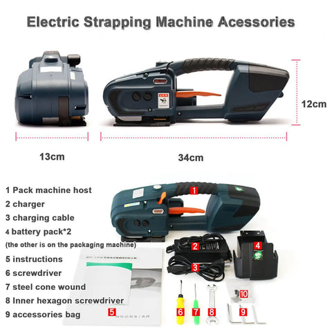 Heavy Duty Portable Electric Strapping Machine With Dual Batteries For Pet Strap Automatic Handheld Banding Tool Accessories included.