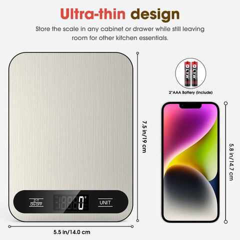 Digital Kitchen Scale With 22 Pound Capacity, 1 Gram Precision, Six Unit Conversions, LCD Display, Stainless Steel, Ultra-thin Design