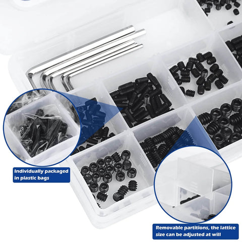 1000 Piece Set Screw Assortment Kit With Metric And SAE Internal Hex Drive Cup Point Grub Screws in organized plastic case