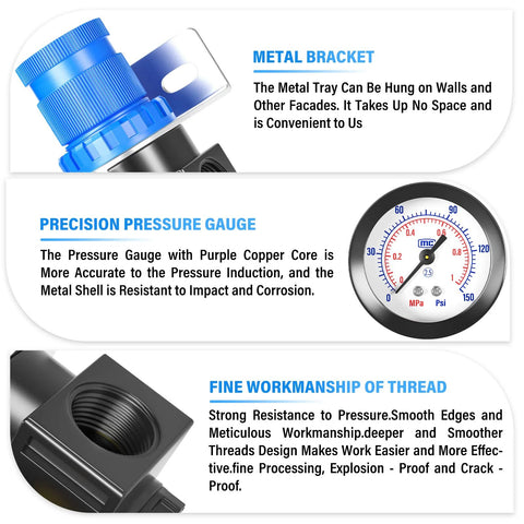 Tailonz 5-in-1 mini pneumatic regulator kit, 1/4 in NPT, front view with blue knob, gauge, and metal bracket.