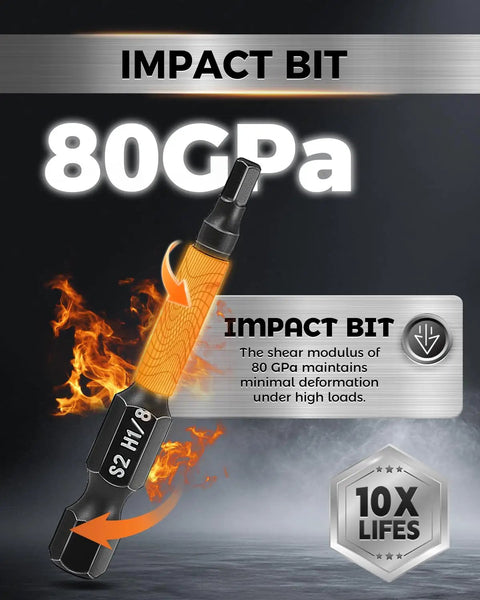 Impact drill bit with S2 H1/8 marking, flame background, and text highlighting 80 GPa modulus, for Allen Wrench Drill Bit Set 21 Pcs Metric And SAE High Strength S2 Steel One Quarter Inch Hex Bits With CNC Machined Tips Magnetic Quick Change Bit Set For Electronic Device Disassembly And DIY Projects Must Have Tool Kit.