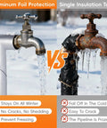 Comparison of aluminum foil wrapped faucet vs single insulation tape on outdoor pipe during winter, highlighting freezing prevention.