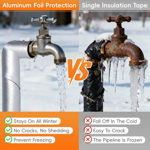 Comparison of aluminum foil wrapped faucet vs single insulation tape on outdoor pipe during winter, highlighting freezing prevention.