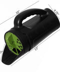 Black handheld seed spreader for lawn and garden, adjustable shaker for fertilizer, 13 inch length, 2.5 liter capacity