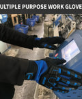Anti-Vibration Work Gloves For Men With Cut-Resistant Safety Impact, Heavy Duty TPR Back Of Hand Protection, black and blue