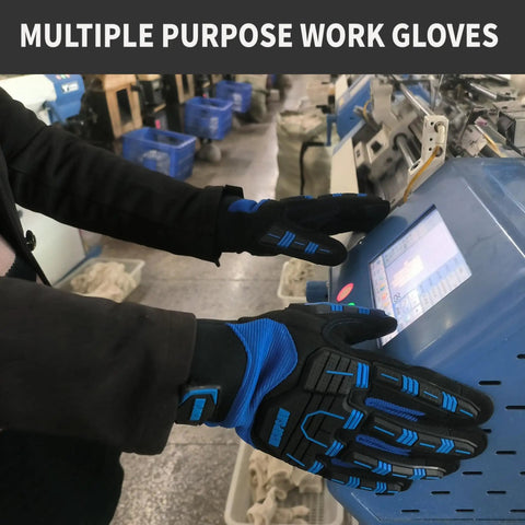 Anti-Vibration Work Gloves For Men With Cut-Resistant Safety Impact, Heavy Duty TPR Back Of Hand Protection, black and blue