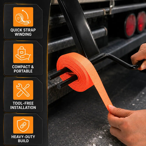 Heavy Duty Cargo Tie Down Strap Winder for Roll Up Flatbed Winch Straps Up To 4 Inches, Black Powder Coated Steel Hand Winder Tool For Trailers, Trucks, Vans, Warehouses And Docks, Built To Last And Easy Roll, shown winding an orange strap