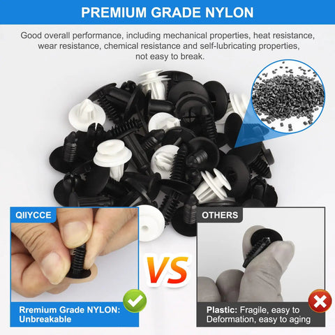 Universal Car Clips And Nylon Plastic Rivets Kit With Six Popular Sizes For Bumpers And Fenders Fits Most Car Models Ideal For Door Trims Radiator Shields Splash Guards And Body Repair Easy Install For DIYers showcasing durable nylon material.