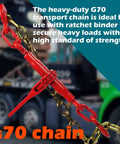 Heavy Duty Tow Chain Tie Down 3 By 8 Inch By 10 Foot G70 Binder Chain With Hooks, zinc finish, ratchet binder shown against truck background