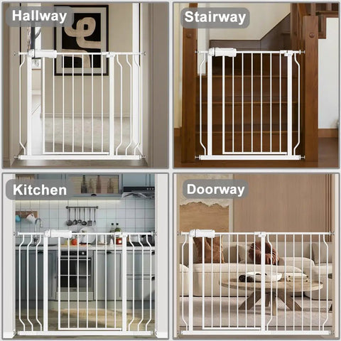 Narrow Baby Gate Fits Tight 27 To 29 Inch Spaces With Easy Auto Close Walk Through Door Pressure Mounted Safety Gate for stairs, hallway, kitchen, and doorway.