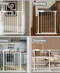 Wide Adjustable Baby Gate For Doorways And Stairs Walk Through Swing Door Pressure Mounted Indoor Safety Gate Fits 29 To 34 Inch Openings 30 Inch Tall Perfect For Kids And Pets shown in various settings.