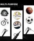 Portable Tire Inflator Air Compressor With Dual Motors, 12V DC And 110V AC, shown with car, bike, sports equipment uses