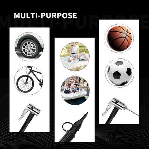 Portable Tire Inflator Air Compressor With Dual Motors, 12V DC And 110V AC, shown with car, bike, sports equipment uses