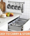 Stainless Steel Measuring Cups And Spoons Set With Nesting Square Design For Kitchen Includes 7 Cups And 7 Spoons Plus 5 Mini Spoons And 1 Leveler Durable 18 Zero Stainless Steel Gadgets For Cooking And Baking hanging and stored in a kitchen drawer