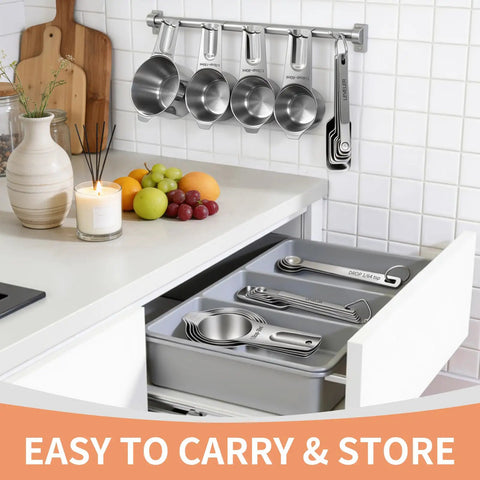 Stainless Steel Measuring Cups And Spoons Set With Nesting Square Design For Kitchen Includes 7 Cups And 7 Spoons Plus 5 Mini Spoons And 1 Leveler Durable 18 Zero Stainless Steel Gadgets For Cooking And Baking hanging and stored in a kitchen drawer
