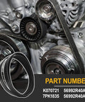Premium Serpentine Drive Belt For Honda Accord 2009 To 2012 L4 2.4L Gas Engine Replaces 56992R40A01 7PK1831 shown near engine parts.