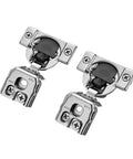 Close-up of two 50 Pack 25 Pairs Soft Close Overlay Hidden Kitchen Cabinet Hinges Satin Nickel Stainless Steel 35mm Cup
