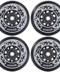 Four black 80mm inline skate wheels with intricate white pattern for outdoor asphalt skating and roller derby use.