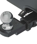 Silver And Red Receiver Lock For Five Eighth Inch Hitch Pins With A Three And A Half Inch Shaft Push To Lock Security Stainless Steel Barbell Hitch Pin Lock Weather Resistant Tow Package Lock For Late Model Trucks Heavy Duty in use on a vehicle hitch.