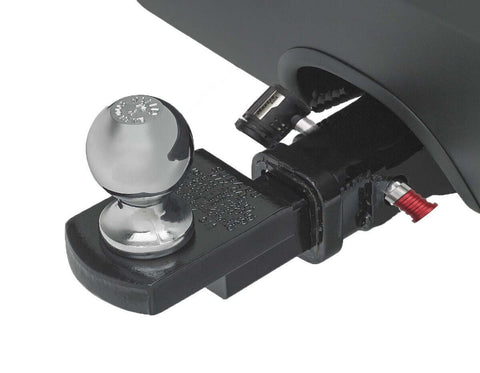 Silver And Red Receiver Lock For Five Eighth Inch Hitch Pins With A Three And A Half Inch Shaft Push To Lock Security Stainless Steel Barbell Hitch Pin Lock Weather Resistant Tow Package Lock For Late Model Trucks Heavy Duty in use on a vehicle hitch.