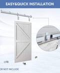 Sliding Barn Door Hardware Kit 10 Ft Heavy Duty Track For Indoor And Outdoor Doors Wall Mount Silver Built To Last Weather Resistant Galvanized Steel Track With Floor Guide And Adjustable Rollers For Smooth Operation description and installation image
