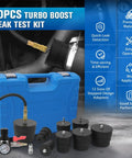 Turbo Boost Leak Test Kit with blue carrying case, 10pc set of black adapters and pressure gauge.