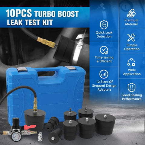 Turbo Boost Leak Test Kit with blue carrying case, 10pc set of black adapters and pressure gauge.