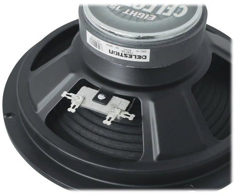 Eight 15 8 Ohm Guitar Speaker Upgrade for Compact Amps with 15 Watt Ceramic Magnet, showing rear connections and magnet detail.